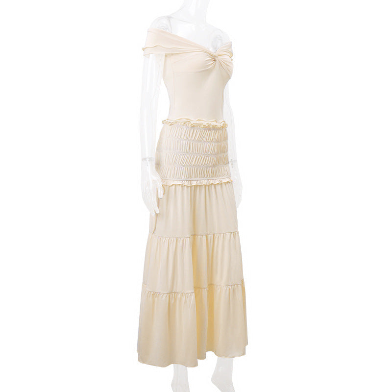 Summer Women Sexy Cropped Low Cut Short Vest French Pleated Skirt Set Women