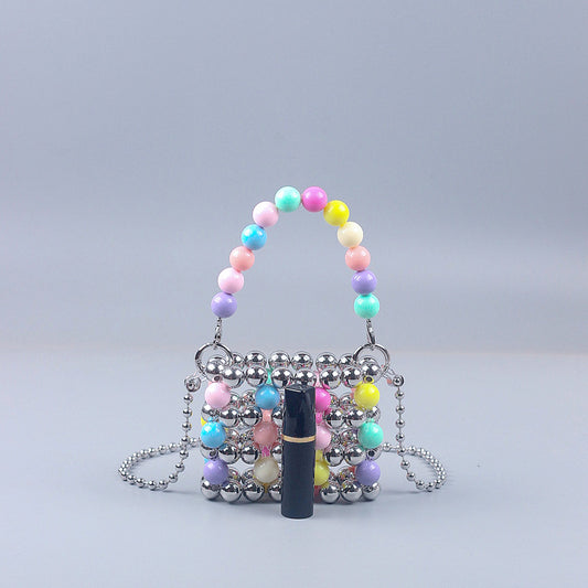Trendy Unique Colorful Pearl Hollowed out Portable Small Square Bag Handmade Beaded DIY Women Chain Messenger Bag