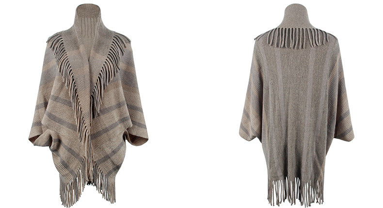 Tassel Inverness Women Autumn Winter Knitted Striped Cloak Women