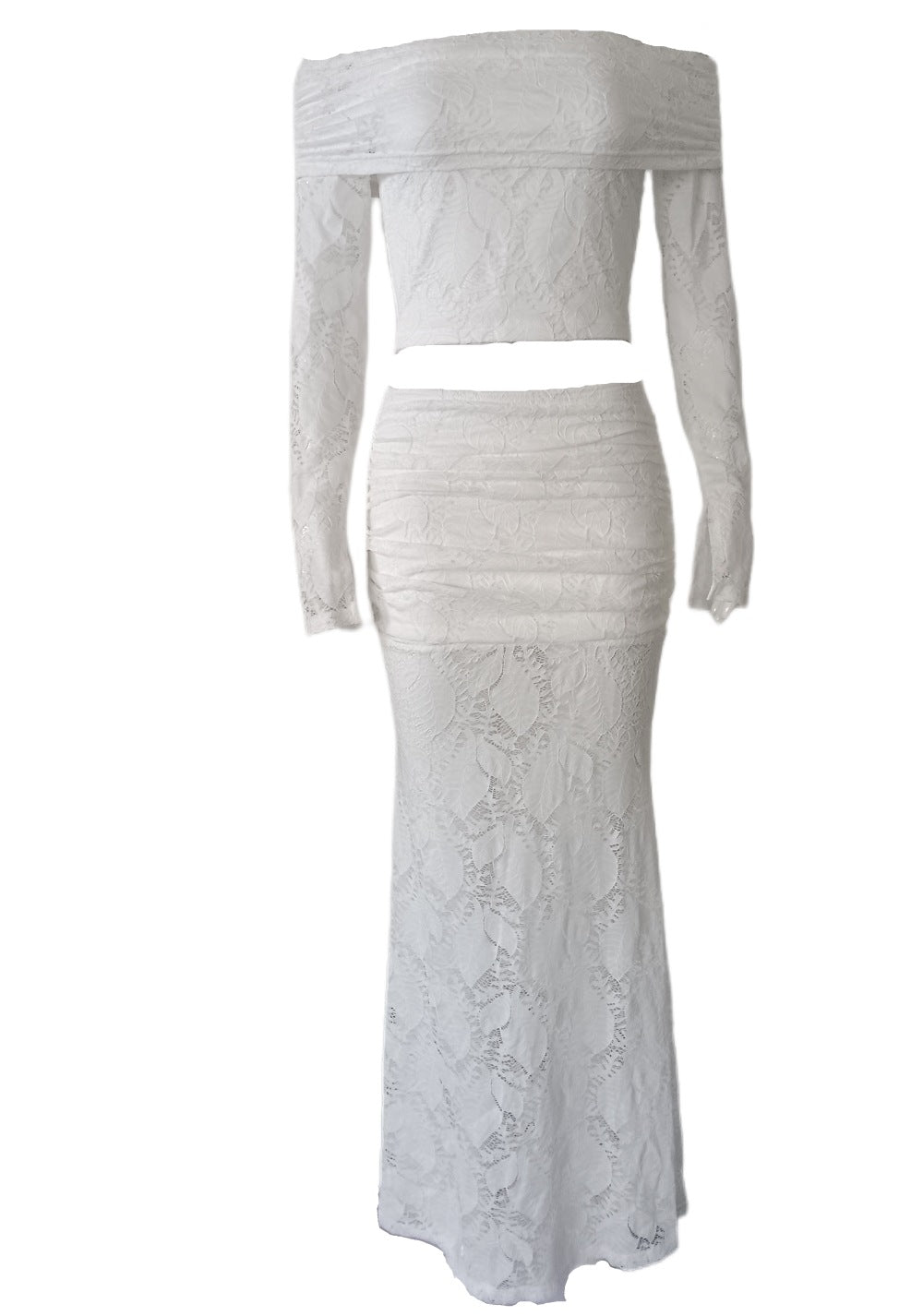 Off Neck Mermaid Two Piece Set Vacation Lace Hollow Out Cutout out Beauty Back Fishtail Skirt Set