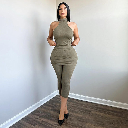 Women Sexy Turtleneck Sleeveless Vest Top High Waist Tight Cropped Pants Set