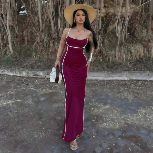 Summer Women Color Matching Sling Skinny Sheath Stretch Dress