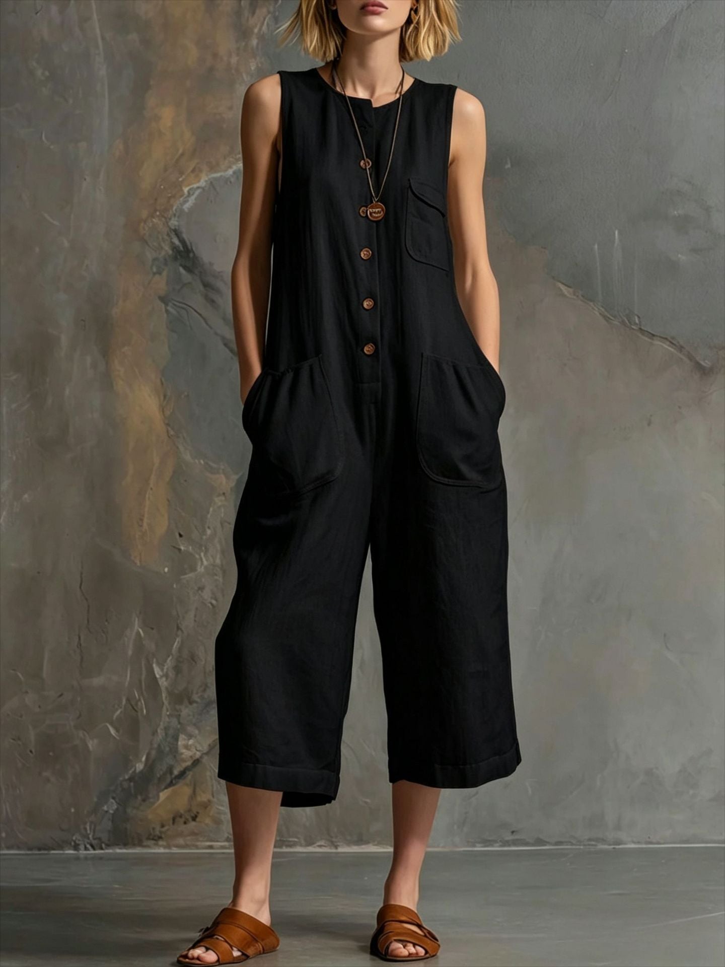 Spring Summer Casual Retro Sleeveless White Cotton Linen Wide Leg Cropped One Piece