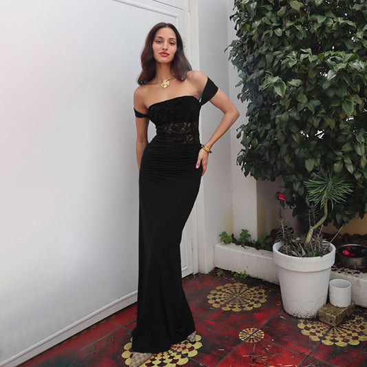 Fall Maxi Dress Elegant Slim Lace Stitching Sling Dress