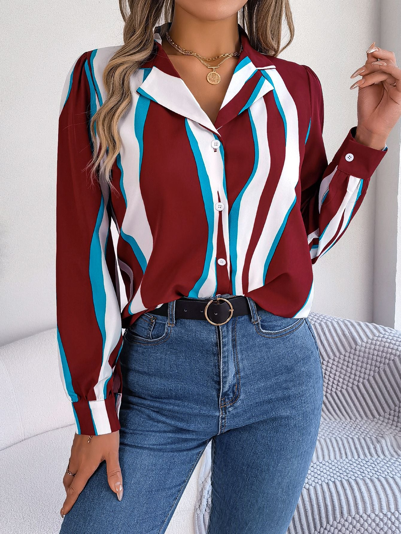 Autumn Winter Casual Contrast Color Striped Suit Collar Long Sleeve Shirt Women