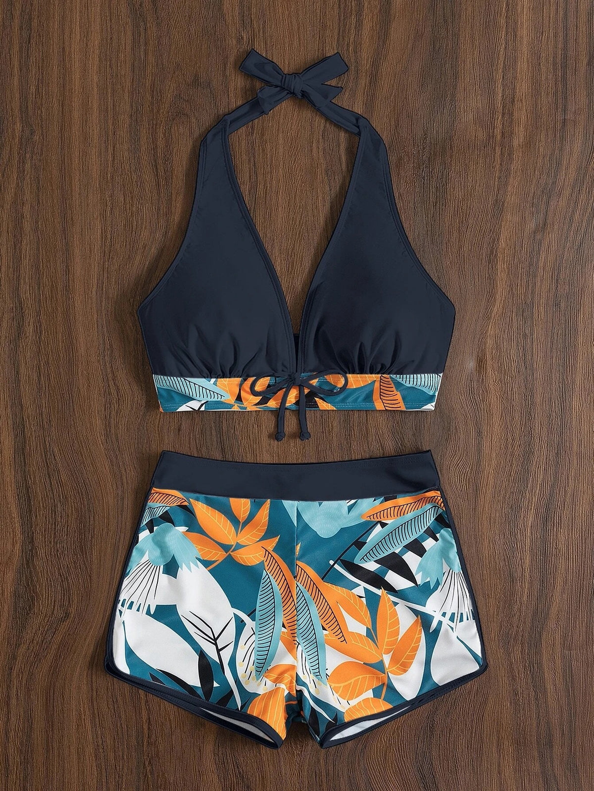 Swimsuit Women Split High Waist Boxer Lace Printing Solid Color Stitching Swimsuit