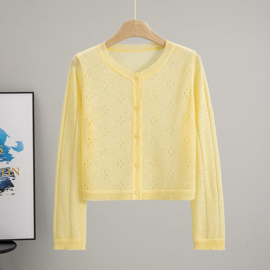 All Matching Hollow Out Cutout Sun Protection Short Knitted Cardigan Women Summer Figure Flattering Outerwear Top