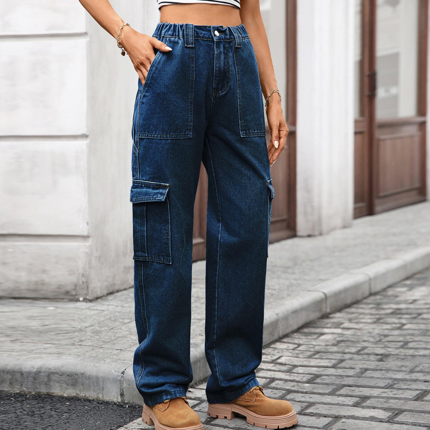 Cargo Jeans Women Autumn Winter Multi Pocket Denim Wide Leg