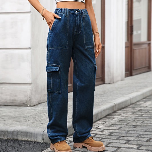 Cargo Jeans Women Autumn Winter Multi Pocket Denim Wide Leg