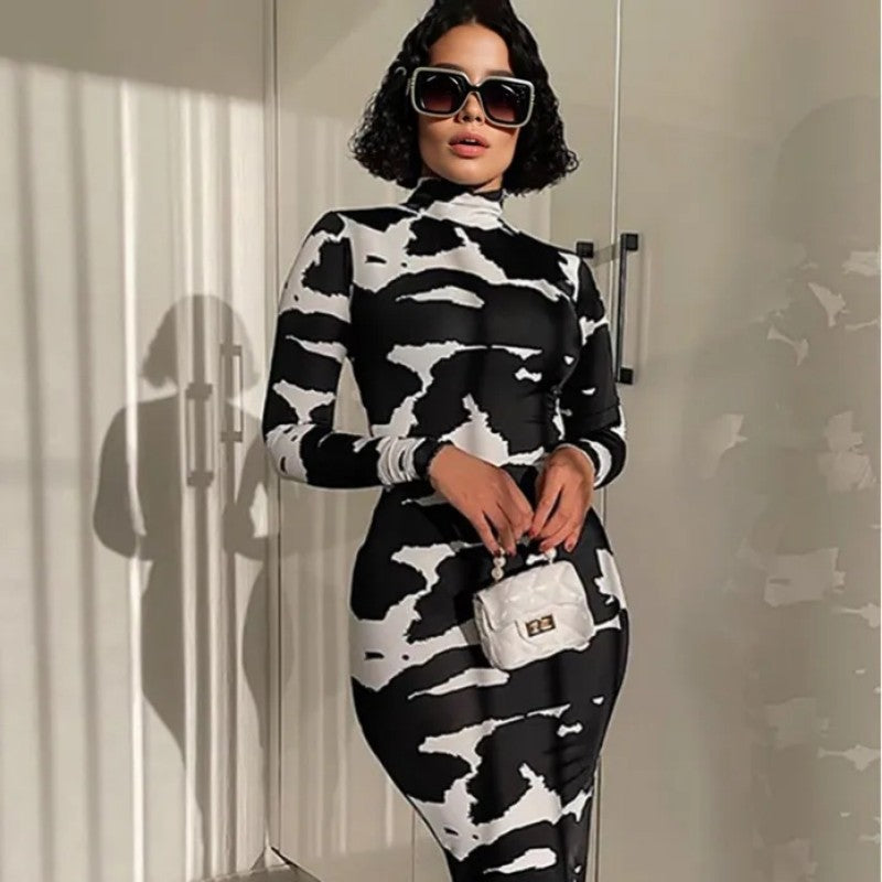 Women Clothing Spring Autumn Printed Turtleneck Long Sleeve Slim Slimming Dress