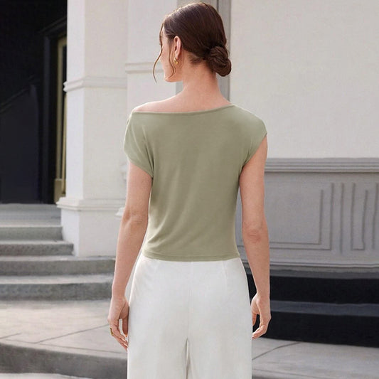 Summer Women Clothing Solid Color Simple Personality Diagonal Collar Sleeveless Cinched Slimming Pullover Women