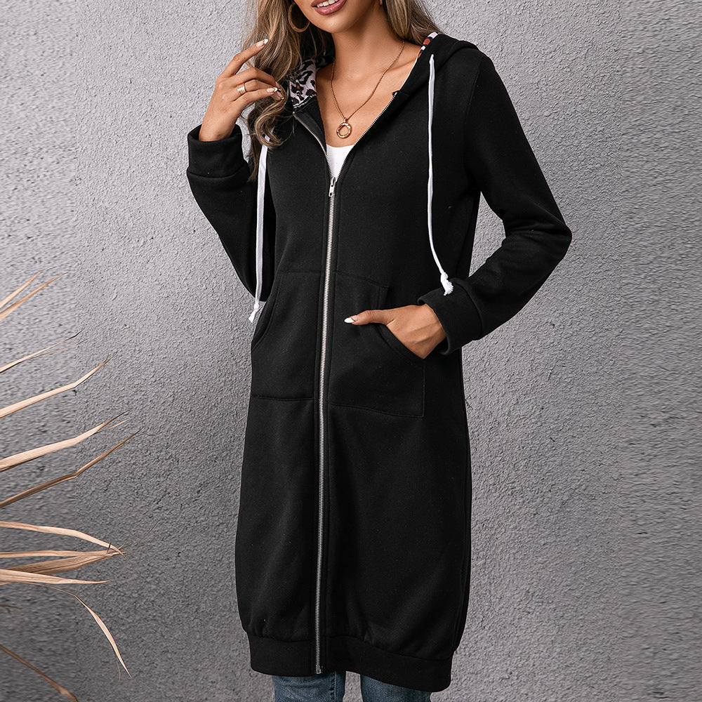 Loose Casual Leopard Print Colorblock Mid Length Hooded Sweatshirt Cardigan Top Women
