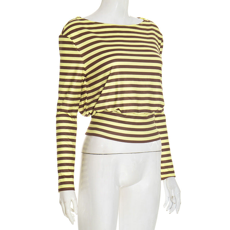 Women Clothing Autumn Winter Casual Striped Personality Minimalist Long Sleeve Waist Controlled Top