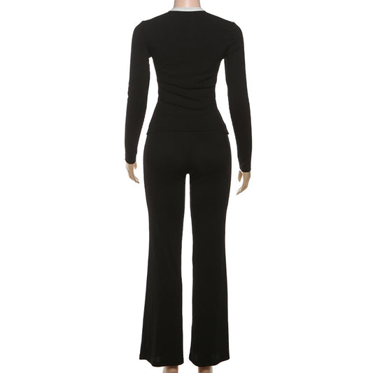 Women Clothing Autumn Personality round Neck Button Contrast Color Cardigan Long Sleeve High Waist Slim Trousers Two Piece Sets