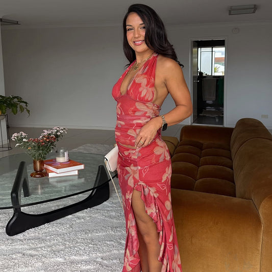 Arrival Women Clothing Sexy Deep V Plunge Wrapped Chest Stitching Cropped Outfit Long Wooden Ear Halter Dress Women