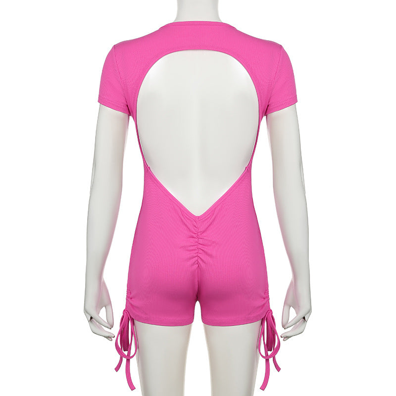 Summer Backless Drawstring Strap Sports Short Sleeved Jumpsuit Pleated Sexy Jumpsuit