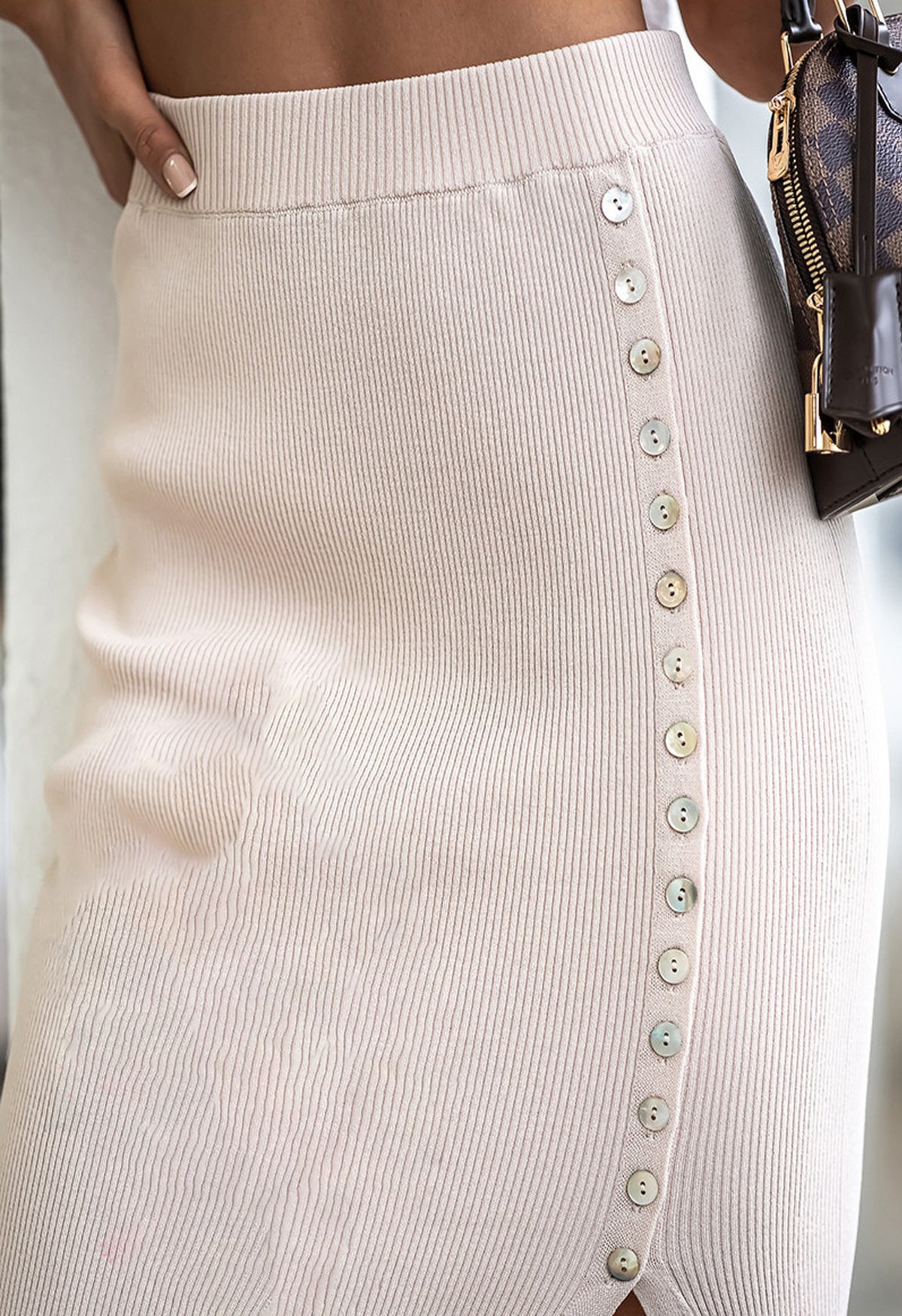 Summer Women Clothing Sunken Stripe Rib Split Button Skirt