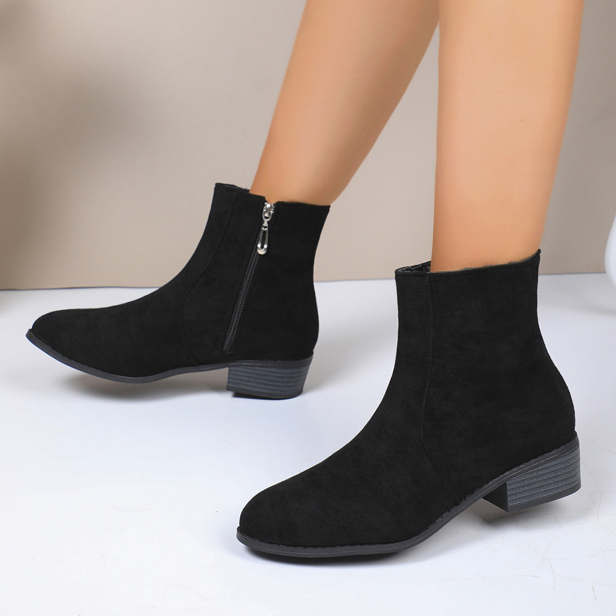 Suede Short Martin Boots Women Thick Heel with British Side Thin Coat with Zip Ankle Boots