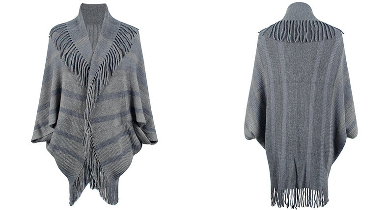 Tassel Inverness Women Autumn Winter Knitted Striped Cloak Women