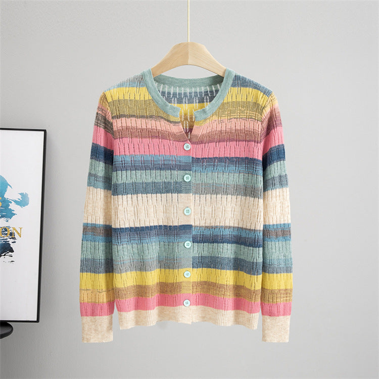 Round Neck Contrast Color Top Women Striped Long Sleeved Coat Autumn Casual Loose Knitted Cardigan