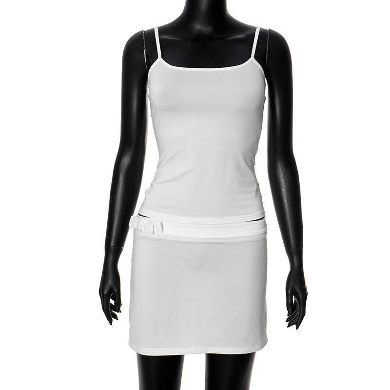 Women Clothing Summer Solid Color Slim Fit Camisole Short Skirt Set