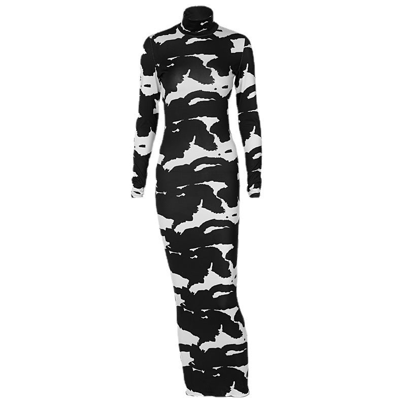 Women Clothing Spring Autumn Printed Turtleneck Long Sleeve Slim Slimming Dress