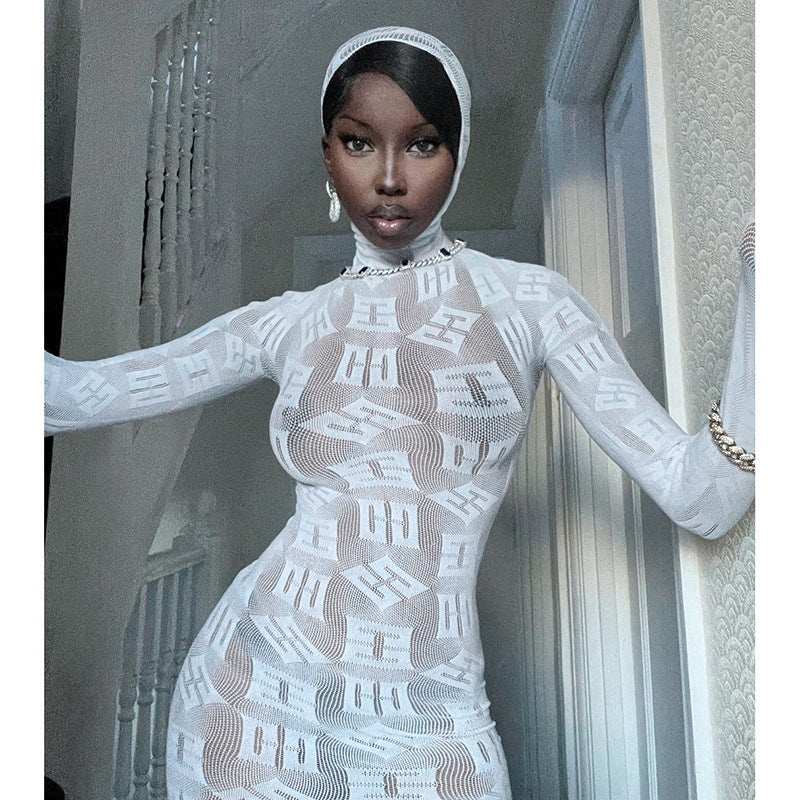 Long Sleeve Letter Graphic Print See through Sexy Dress Sexy Tight Stretch Dress Women