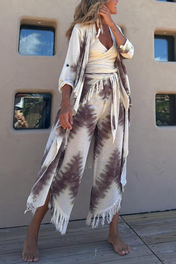 Printed Vest Tassel Cropped Pants Coat Three Piece Suit