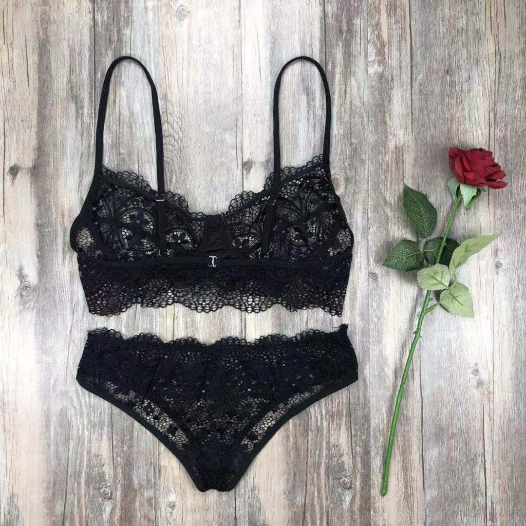 Lace Sexy Lingerie Set Solid Color Eyelash Lace