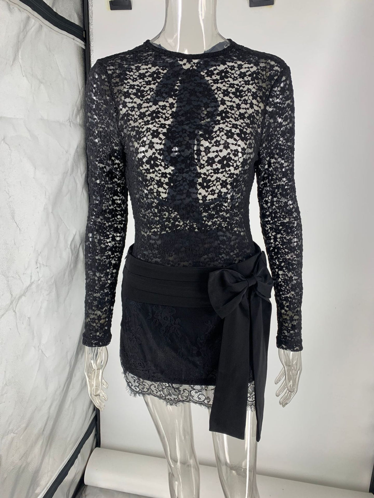 Satin Bow Lace Tights Mini Hip Skirt Two Piece Sets Women