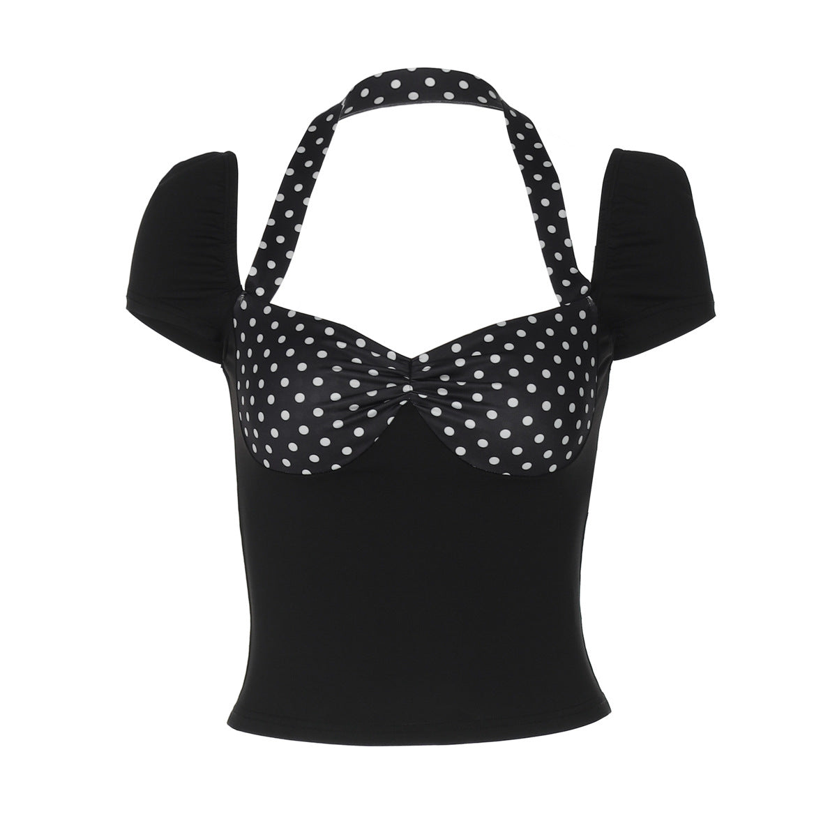 Women Clothing Spring Summer Halter Short Sleeve Backless Top Polka Dot Stitching T shirt Top