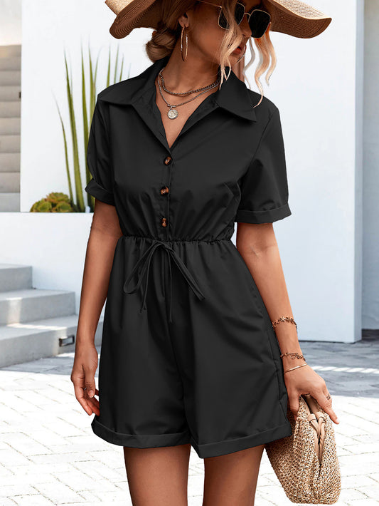 Spring Summer Popular Shirt Collar Short Sleeve Lace up Jumpsuit Shorts