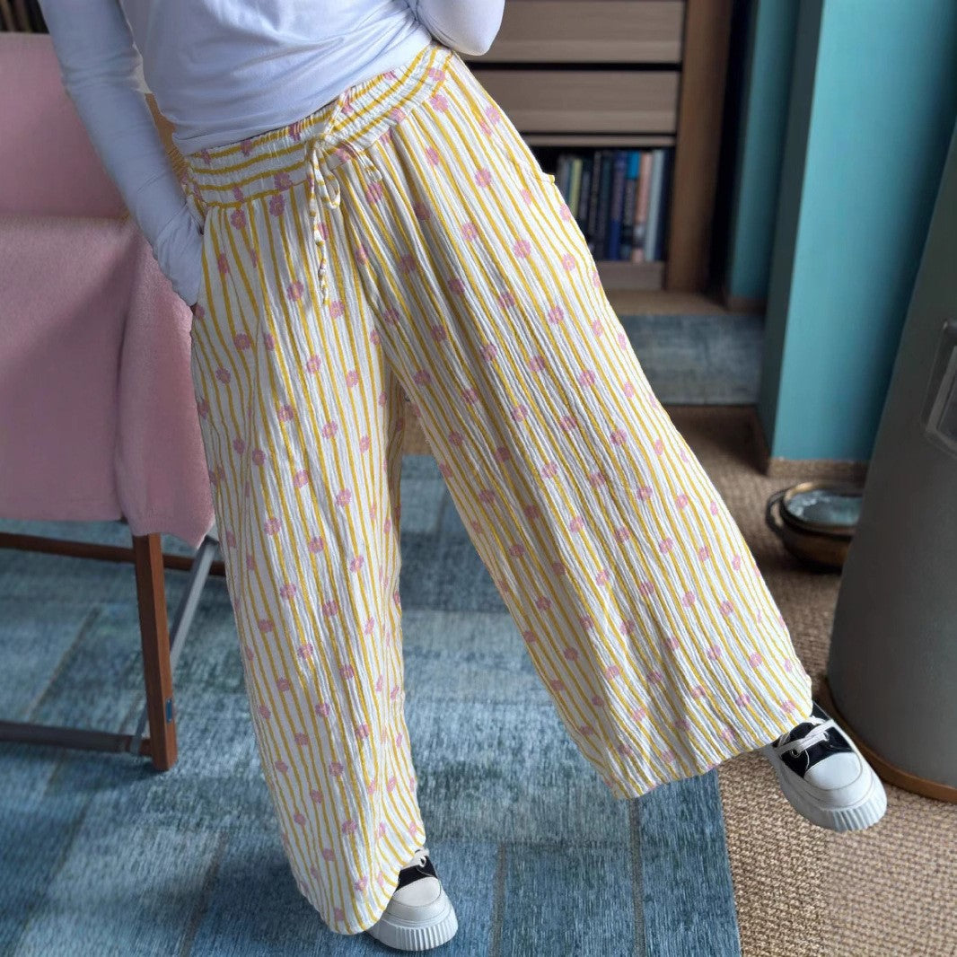 Thin Striped Printed Women Casual Pants Summer Drawstring Straight Loose Wide Leg Mop Pants