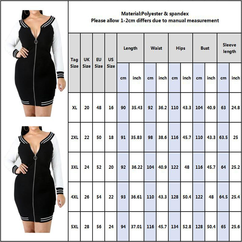 Plus Size Autumn Women Long Sleeve Color Zipper Dress Mid-Length