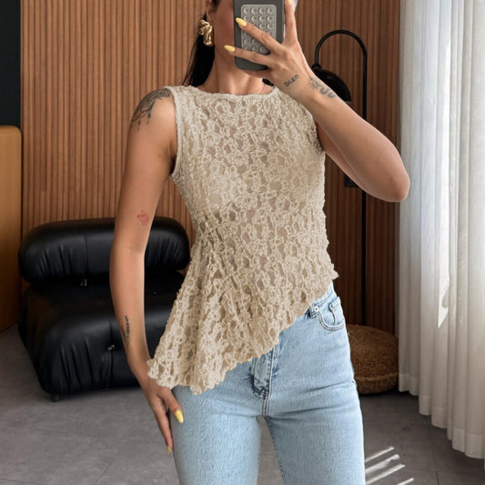 Spring Summer Women Lace Shirt Waist Tight Irregular Asymmetric Oblique Vest Top