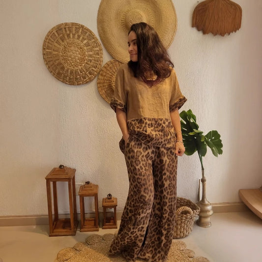 Women Clothing Loose Stitching Short Sleeve Top High Waist Wide Leg Pants Two Piece Sets