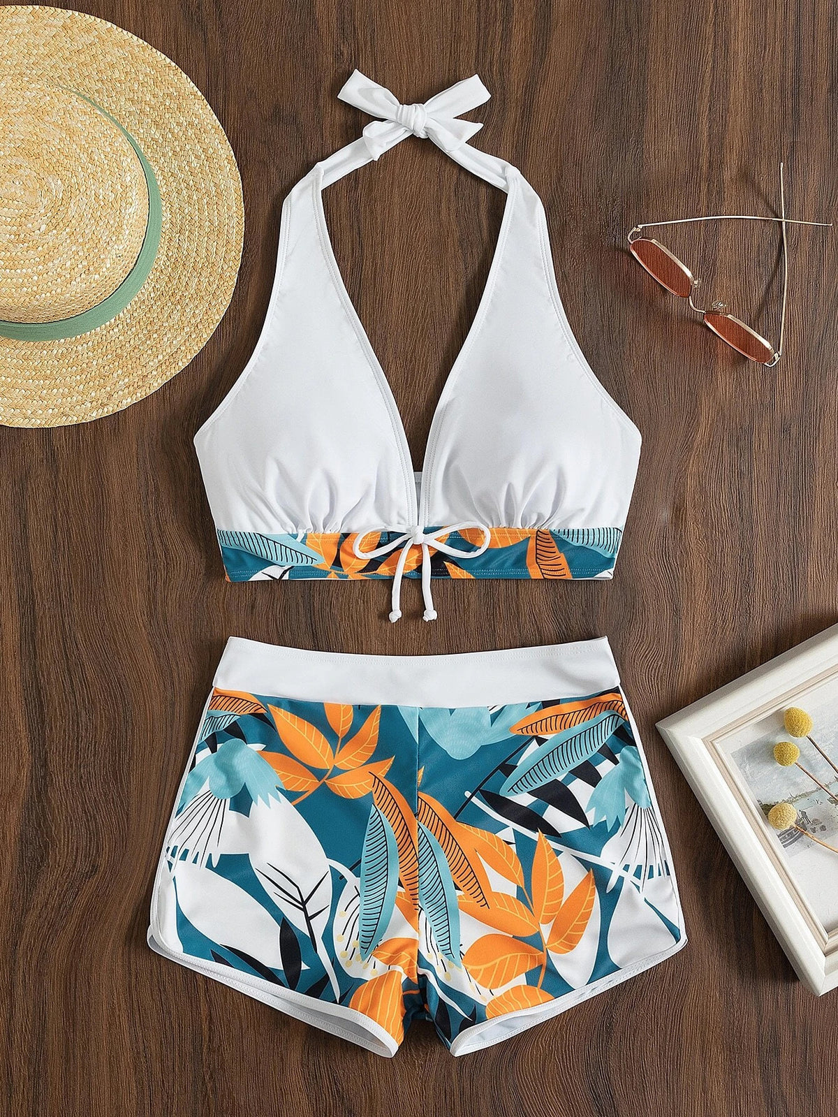 Swimsuit Women Split High Waist Boxer Lace Printing Solid Color Stitching Swimsuit