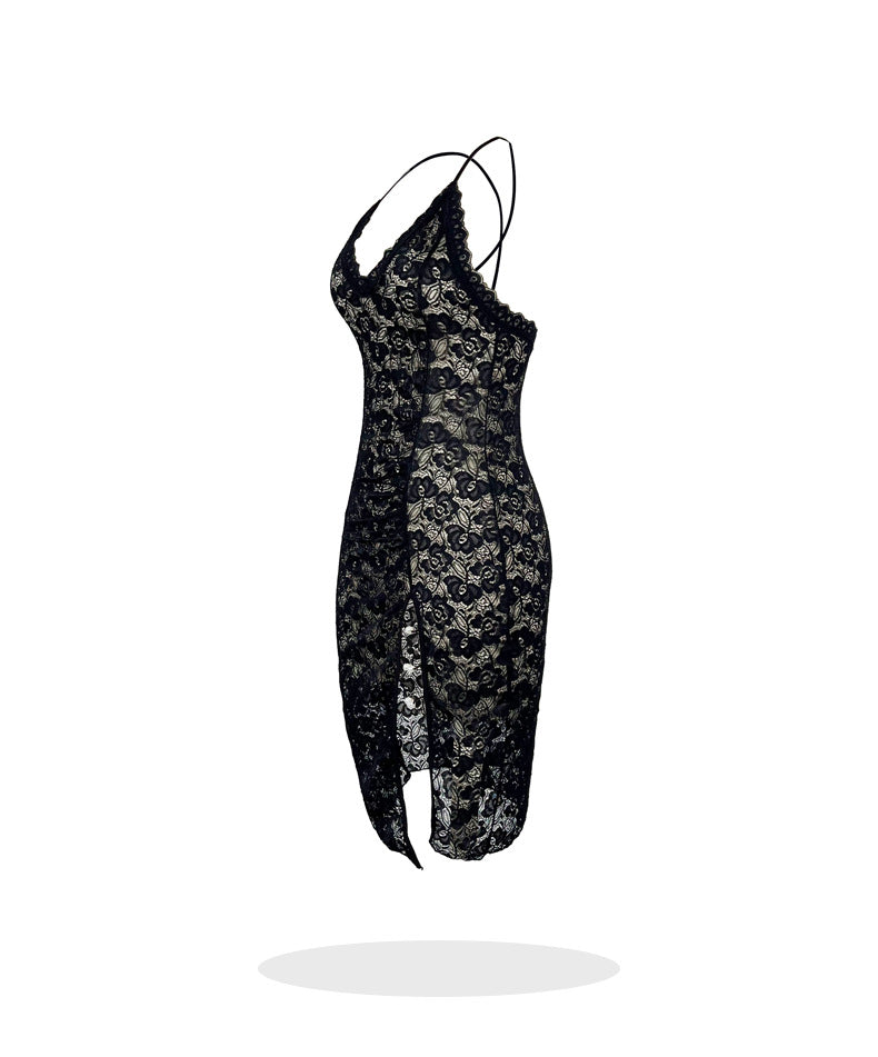 Sexy Lace Cross Backless Suspender Dress Deep V Plunge Split Pearl Decoration Slim Home Pajamas