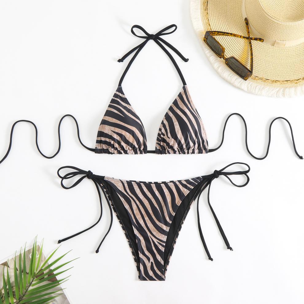 Split Swimsuit Women Striped Lace up Halter Bikini Net Red Printing Swimsuit
