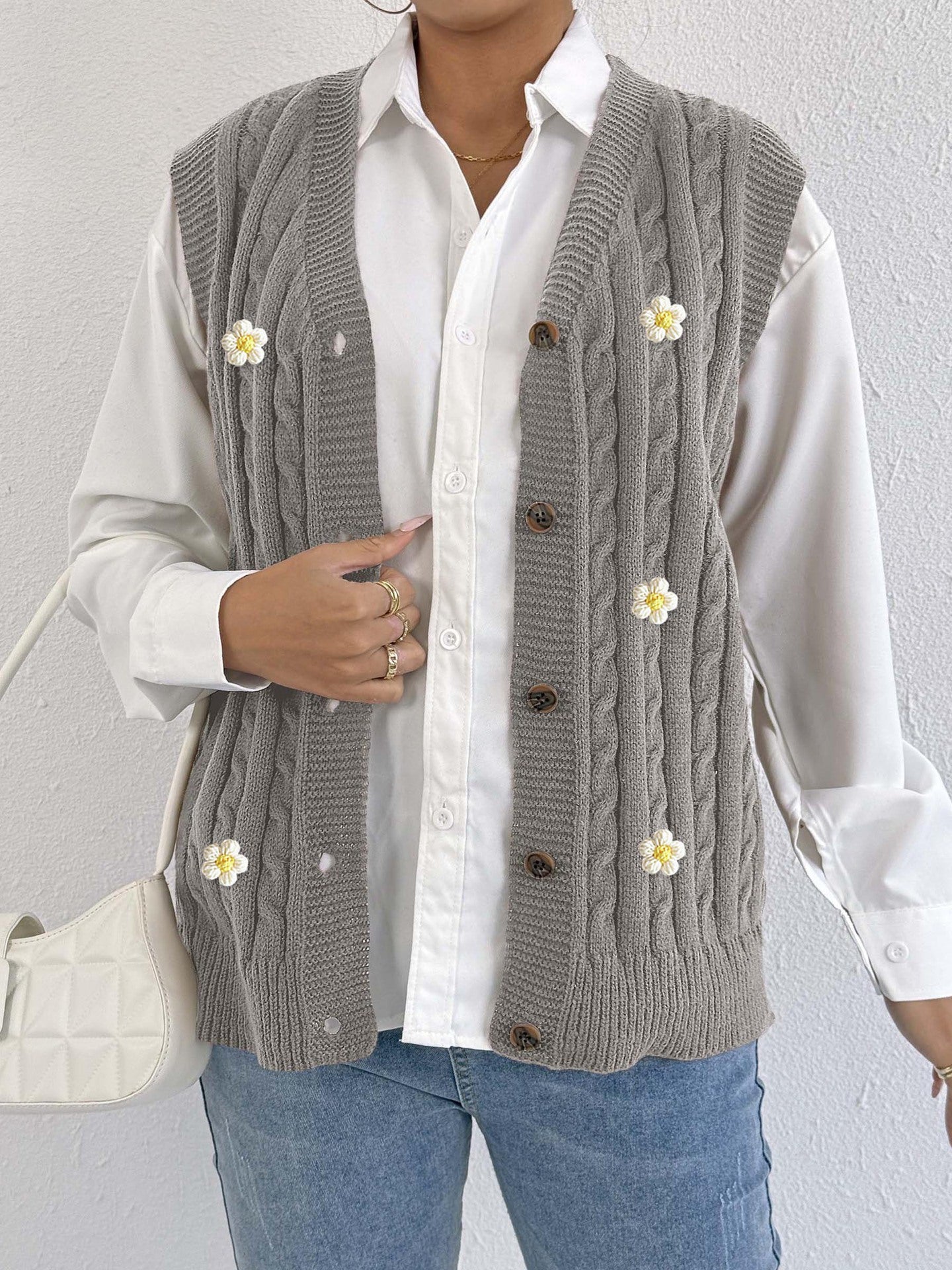 Women Knitted Cardigan Autumn Winter Women Clothing Casual Outerwear Vest Twist Woven Sweater Three Dimensional Floral Stitching Vest