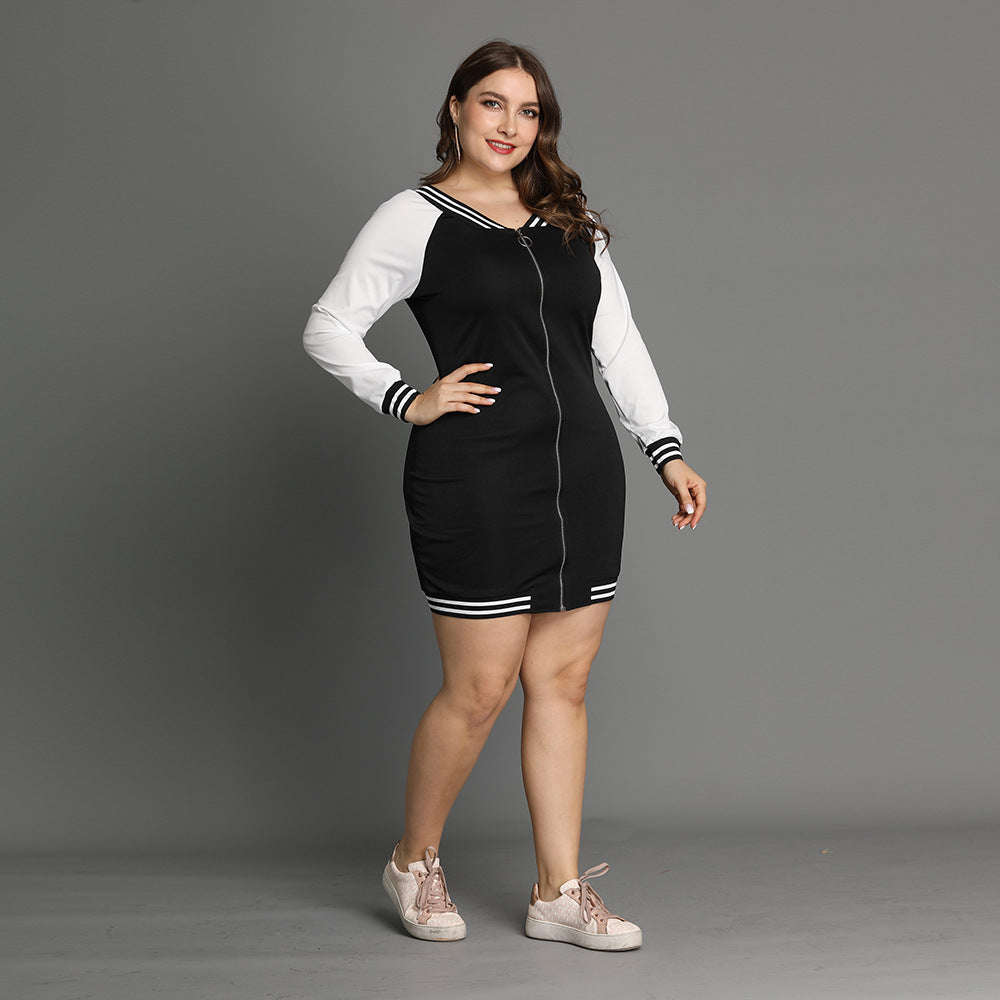 Plus Size Autumn Women Long Sleeve Color Zipper Dress Mid-Length