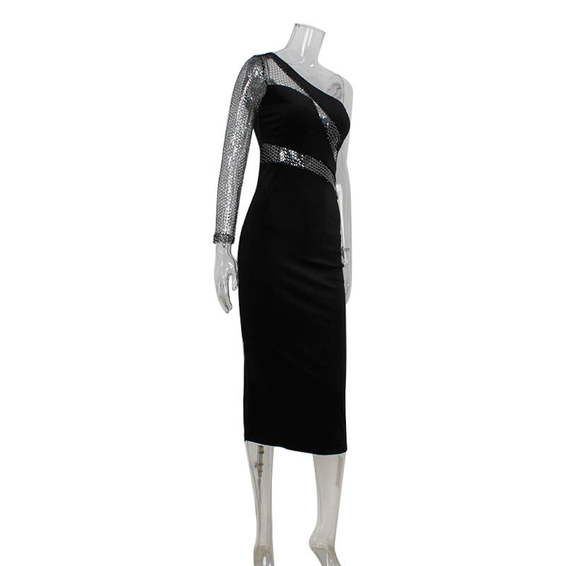Women Clothing Fashionable Sequ Stitching Shoulder Diagonal Collar Dress Formal Dress