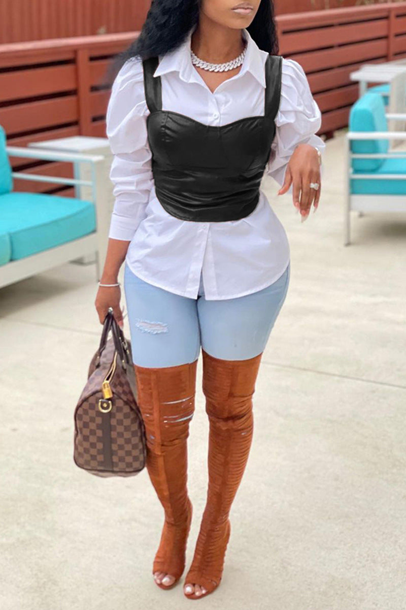 Women Clothing Spring Summer Solid Color Faux Leather Sleeveless Spaghetti Straps Corset Zipper Vest