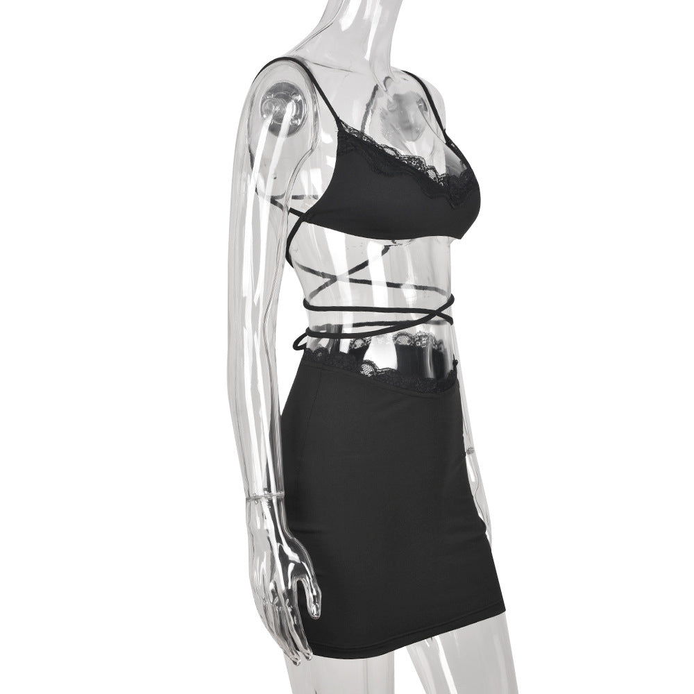 Summer Spaghetti Straps Corset Short Skirt Lace-up Sexy Hollow Out Cutout Two-Piece Women Clothing