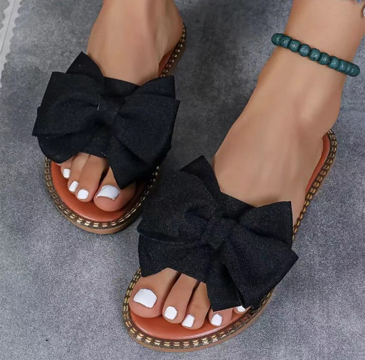 Arrival Flat Bottom Rhinestone Bowknot Slippers Women Outer Wear Solid Color Lightweight Cloth Sandals