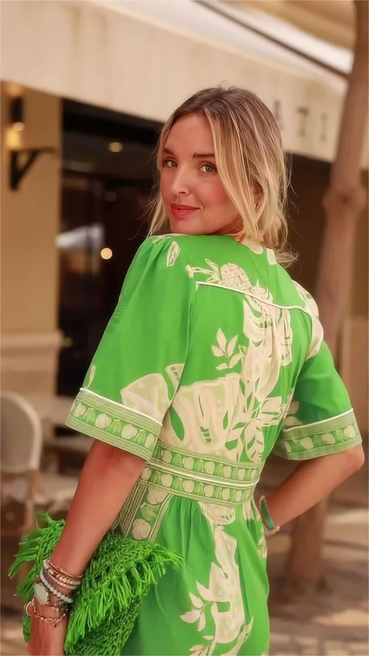 Summer Printed V neck Short-Sleeved Jumpsuit Women