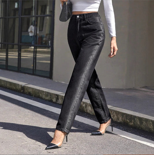 Women Clothing Autumn Winter High Waist Slimming Straight Denim Trousers