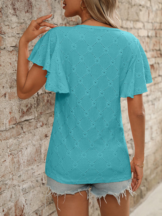 Women Clothing Summer T shirt Floral Cutout Ruffle Sleeve Casual Top
