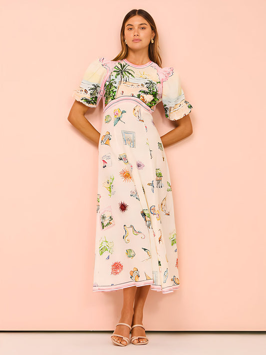 Summer Casual Printed Cotton Linen Round Neck Short Sleeve Dress Women Amplified craft