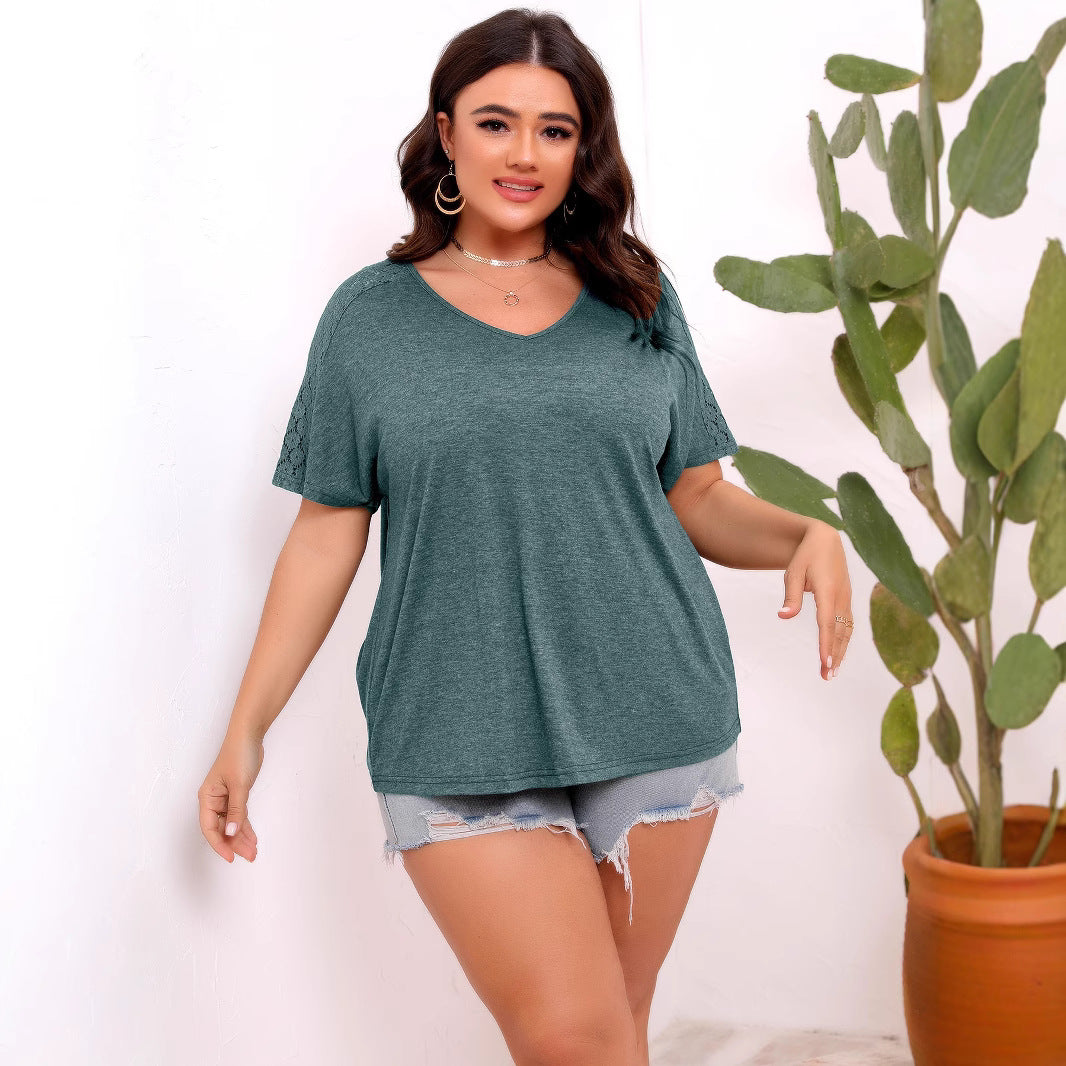 Loose Cutout Lace Stitching Solid Color V neck Short Sleeve